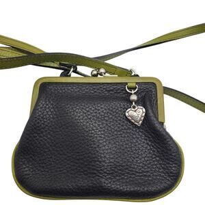 Brighton Black Leather Crossbody Bag Green Trim Small Frame Kisslock Purse Check